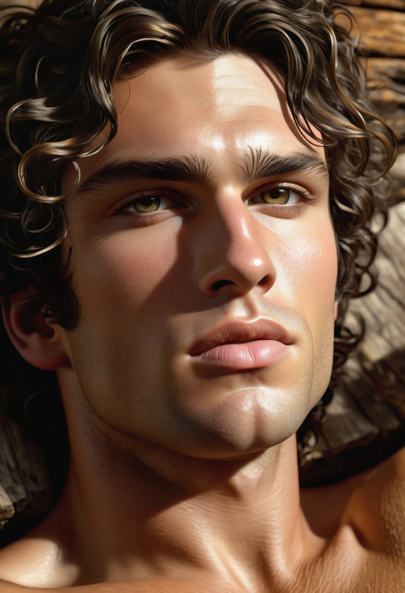 (highly detailed, detailed skin, detailed face, soft light, photorealistic, dynamic light; cinematic); victorian era; 1820s; 24 years old man; Greek; 1820s Anglican priest; incredibly attractive; dark and brooding; masculine yet beautiful; hazel-green eyes; helpless longing stare; intimate sexually-charged atmosphere; Adonis; moody; intense; hooked Greek nose; sensual; amorous air; very attractive; toned figure; olive skin, flushed in excitement; stubble; hazel-green eyes; thick strong dark-brown eyebrows; long full sideburns; fully naked toned chest with dark body-hair; dark chest-hair; short tousled dark-brown wavy hair; full luscious moist lips, parted; mouth slightly open; laying on an 1820s bed in a rustic 1820s log cabin; laying in a sexual inviting pose, asking for sex; hazel-green eyes; looking at camera