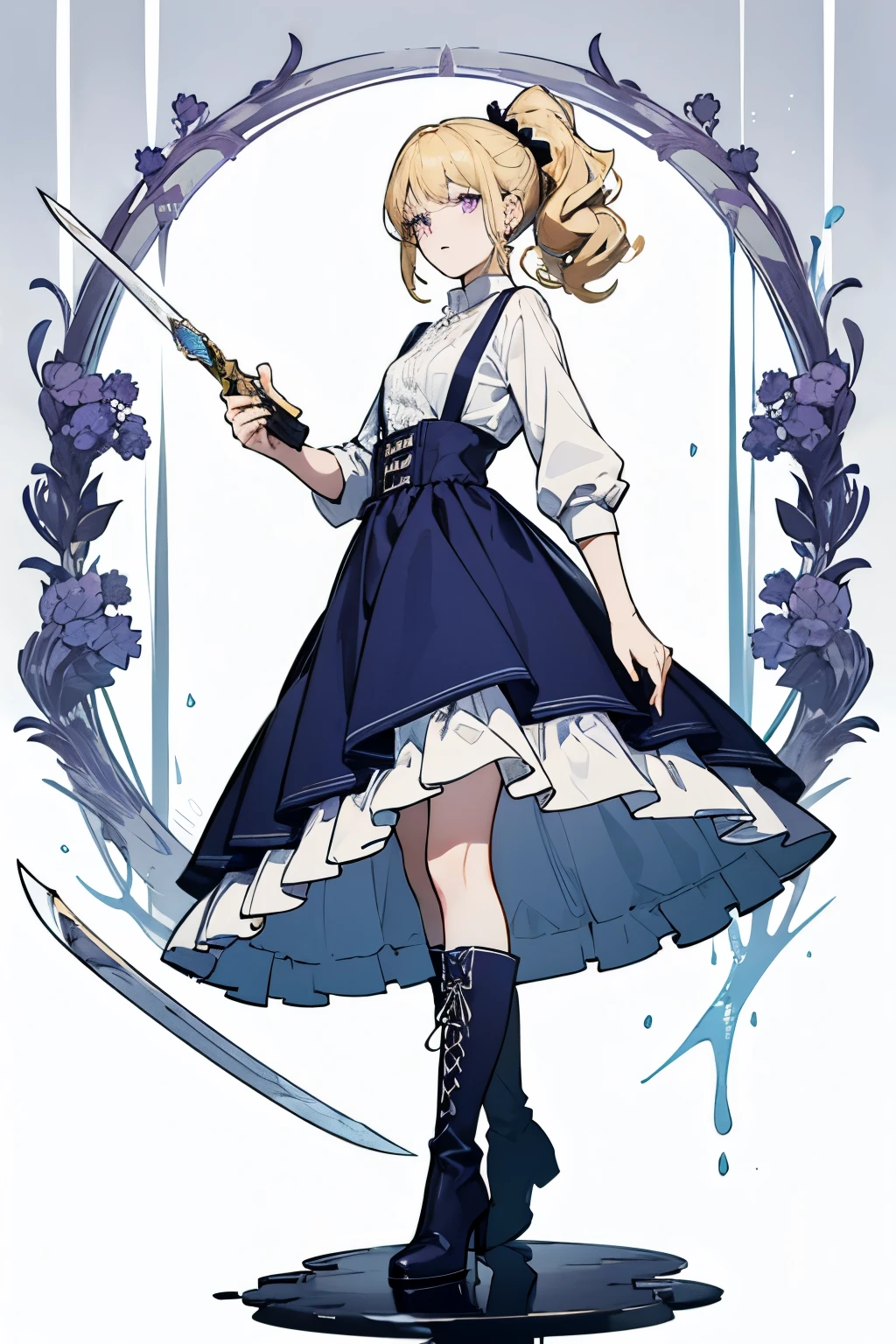 Seven-year girlonde hair curly hair，high ponytail，purple eyes，white shirt，blue dress，Silver boots，take sword，firm eyes，stand upright，whole body