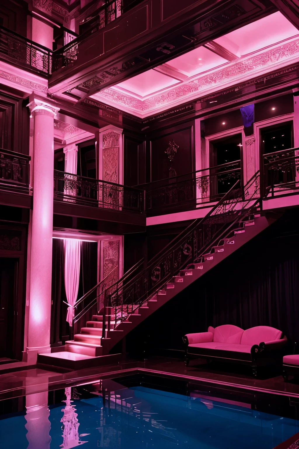 A huge expensive luxury sex club with a high ceiling, extravagant furniture, small stripper stages, large beds with pink silk bedding, a staircase, an atrium, a sex swing, a jacuzzi, a sunken pink Jello pit, erotic art, and mood lighting.