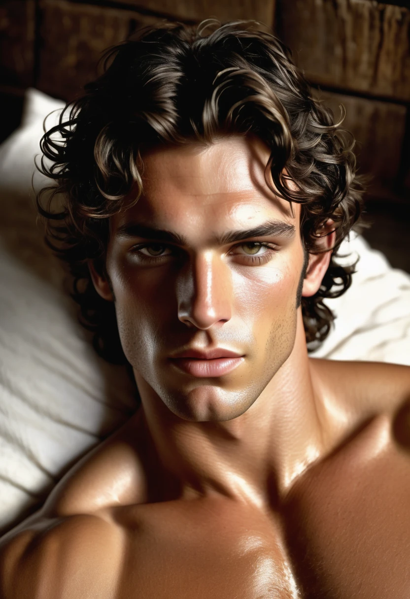 (highly detailed, detailed skin, detailed face, soft light, photorealistic, dynamic light; cinematic); victorian era; 1820s; 24 years old man; Greek; 1820s Anglican priest; incredibly attractive; dark and brooding; masculine yet beautiful; hazel-green eyes; helpless longing stare; intimate sexually-charged atmosphere; Adonis; moody; intense; hooked Greek nose; sensual; amorous air; very attractive; toned figure; olive skin, flushed in excitement; stubble; hazel-green eyes; thick strong dark-brown eyebrows; long full sideburns; fully naked toned chest with dark body-hair; dark chest-hair; short tousled dark-brown wavy hair; full luscious moist lips, parted; mouth slightly open; laying on an 1820s bed in a rustic 1820s log cabin; laying in a sexual inviting pose, asking for sex; hazel-green eyes; looking at camera