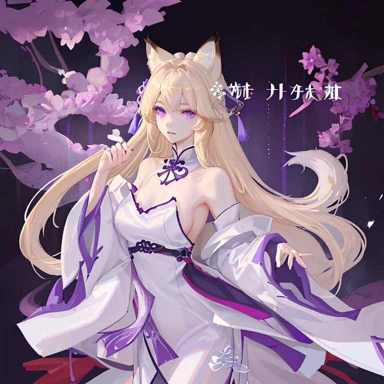blonde、long hair、fox ears、purple eyes、Beauty、(White Chinese dress with open shoulders and exposed shoulders)、fantastic background、looking at the camera、white coat、whole body、