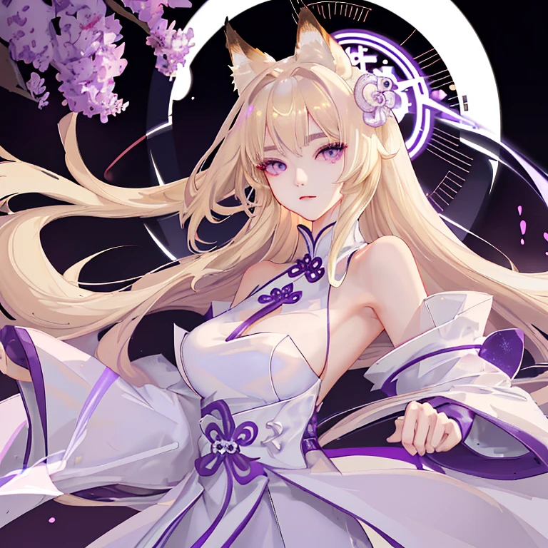 blonde、long hair、fox ears、purple eyes、Beauty、(White Chinese dress with open shoulders and exposed shoulders)、fantastic background、looking at the camera、white coat、whole body、