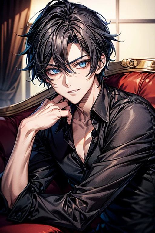 Anime handsome boy wearing black shirt and sitting on white sofa,dynamic pose,Handsome anime style,e blue eyes,High Quality Anime Portraits,((detailed eyes,beautiful face)),bewitching smile