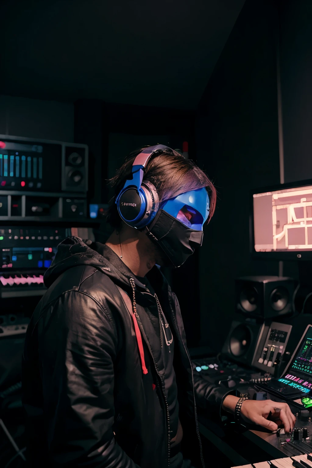 a masked music producer in his music studio, using headphone, fundo escuro, cores neon
