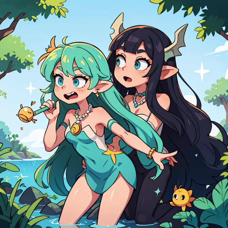 Horny nude lolis touching eachother lewdly, wooded setting, small creek, smiling, different hair colors, tanlines, romantic setting, sunset, wet crotches