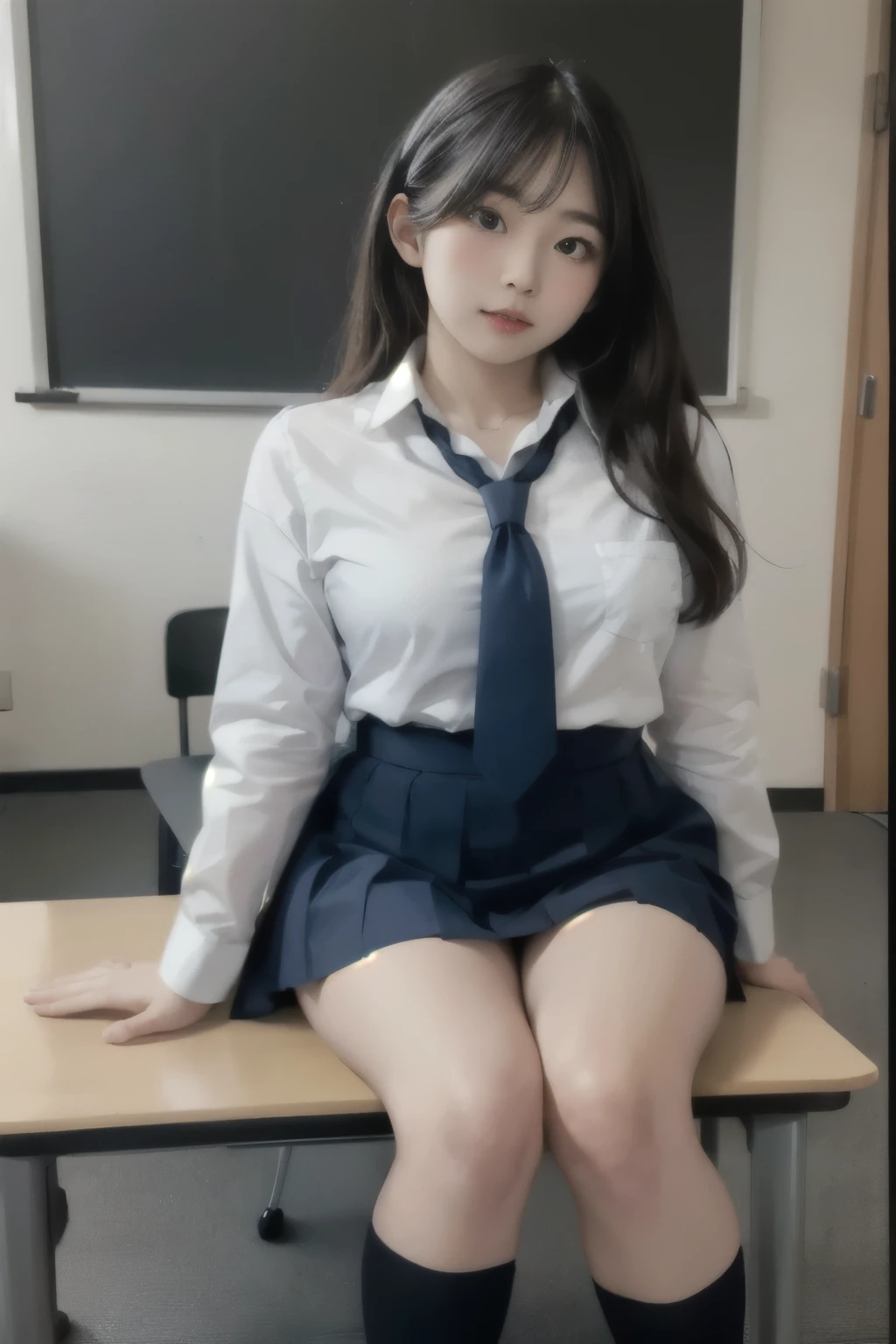 An arafe Asian woman wearing a uniform sitting on a desk, a hyperrealistic , cute high school girl, hyperrealistic , realistic , wearing school uniformいる, wearing japanese school uniform, wearing school uniform, japanese , korean girl, japanese girl , The entire subject in the photo, , wearing a principal&#39;s uniform