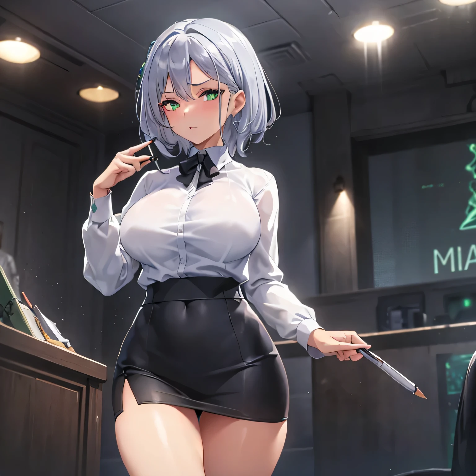 ((Masterpiece)),(best quality),(details),(1 girl),  silver hair, green glowing eyes, Update, white shirt, black skirt, Look down at the audience., sexy, Butt to the camera, pencil skirt