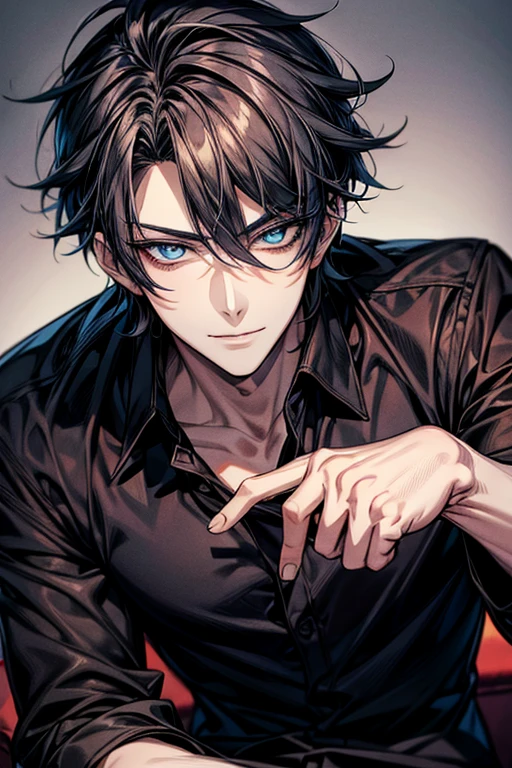 Anime handsome man wearing a black shirt and sitting on a white sofa,adult,dynamic pose,Handsome anime style,e blue eyes,High Quality Anime Portraits,((detailed eyes,beautiful face)),bewitching smile