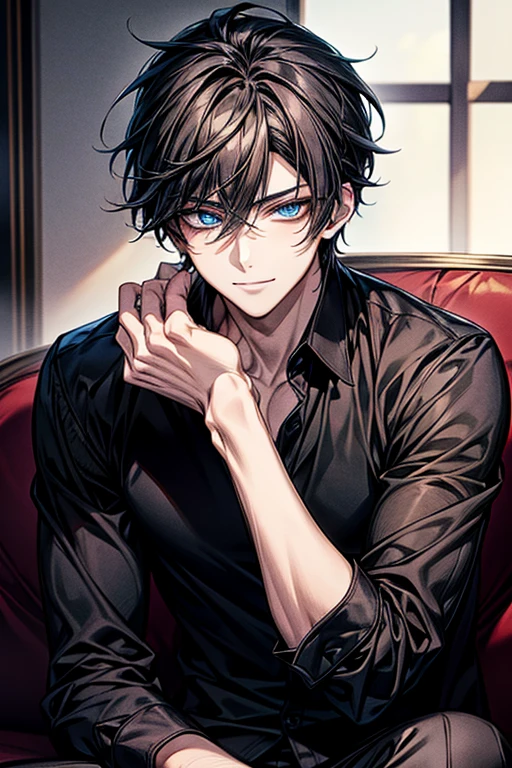 Anime handsome boy wearing black shirt and sitting on white sofa,dynamic pose，Handsome anime style，e blue eyes，High Quality Anime Portraits,((detailed eyes,beautiful face)),bewitching smile