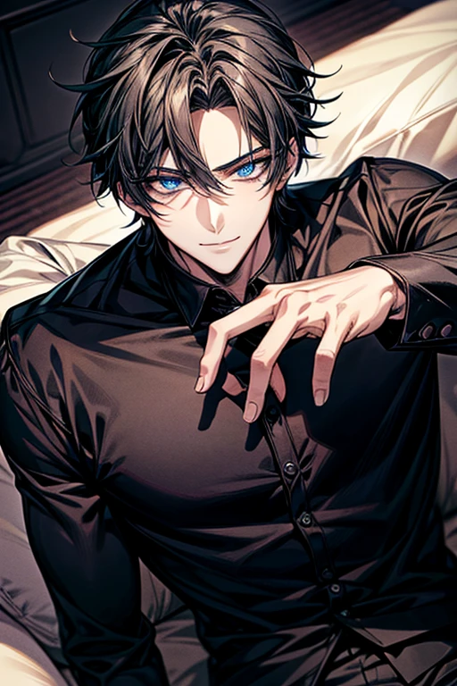 Anime handsome boy wearing black shirt and sitting on white sofa,dynamic pose，Handsome anime style，e blue eyes，High Quality Anime Portraits,((detailed eyes,beautiful face)),bewitching smile