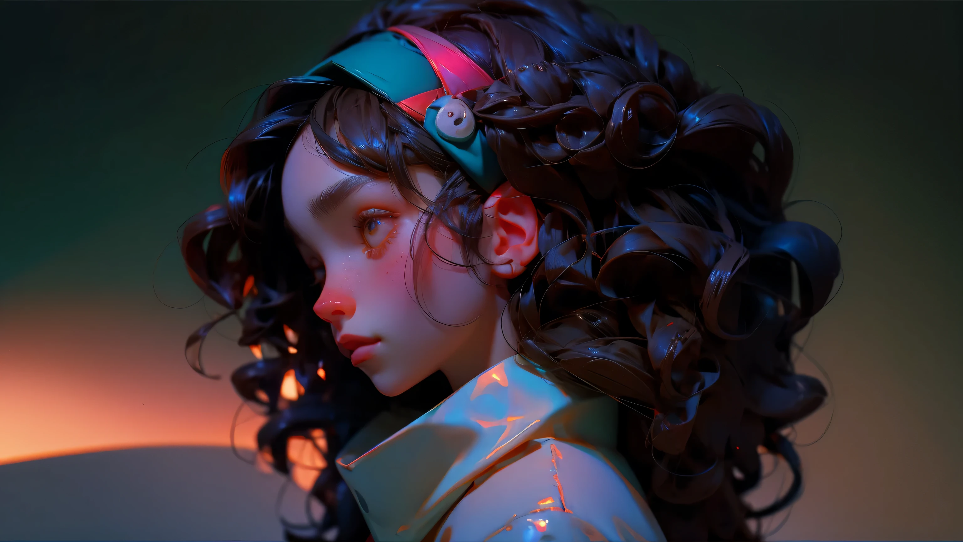 black hair, longeyelashes, solid circle eyes, light smile, wavy hair, mole under eye, hollow eyes, Surrealism, drop shadow, anaglyph, stereogram, tachi-e, pov, atmospheric perspective, negative space, from side, wide shot, 8k, super detail, ccurate, best quality, anatomically correct, textured skin, detailed anime girl, wearing a large sweater, wearing headband headphones, praise, quiet, quiet atmosphere, horrifying, Looking at the window in her bedroom, The cat is sleeping、night, quiet night, masterpiece, highest quality