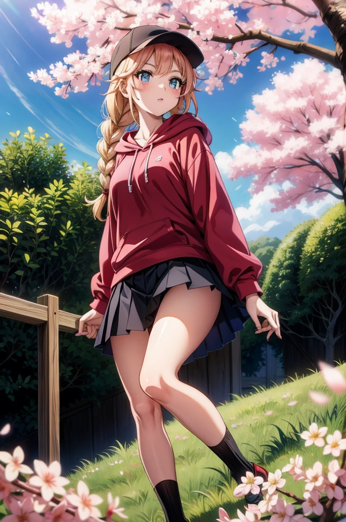 anime character in a red cap on a grassy hill next to colorful pink trees, 1girl, solo, cherry blossoms, blonde hair, outdoors, blue eyes, hat, braid, skirt, hood, tree, twin braids, looking at viewer, black headwear, long hair, pleated skirt, black skirt, blush, hoodie, red hoodie, baseball cap, breasts, long sleeves, day