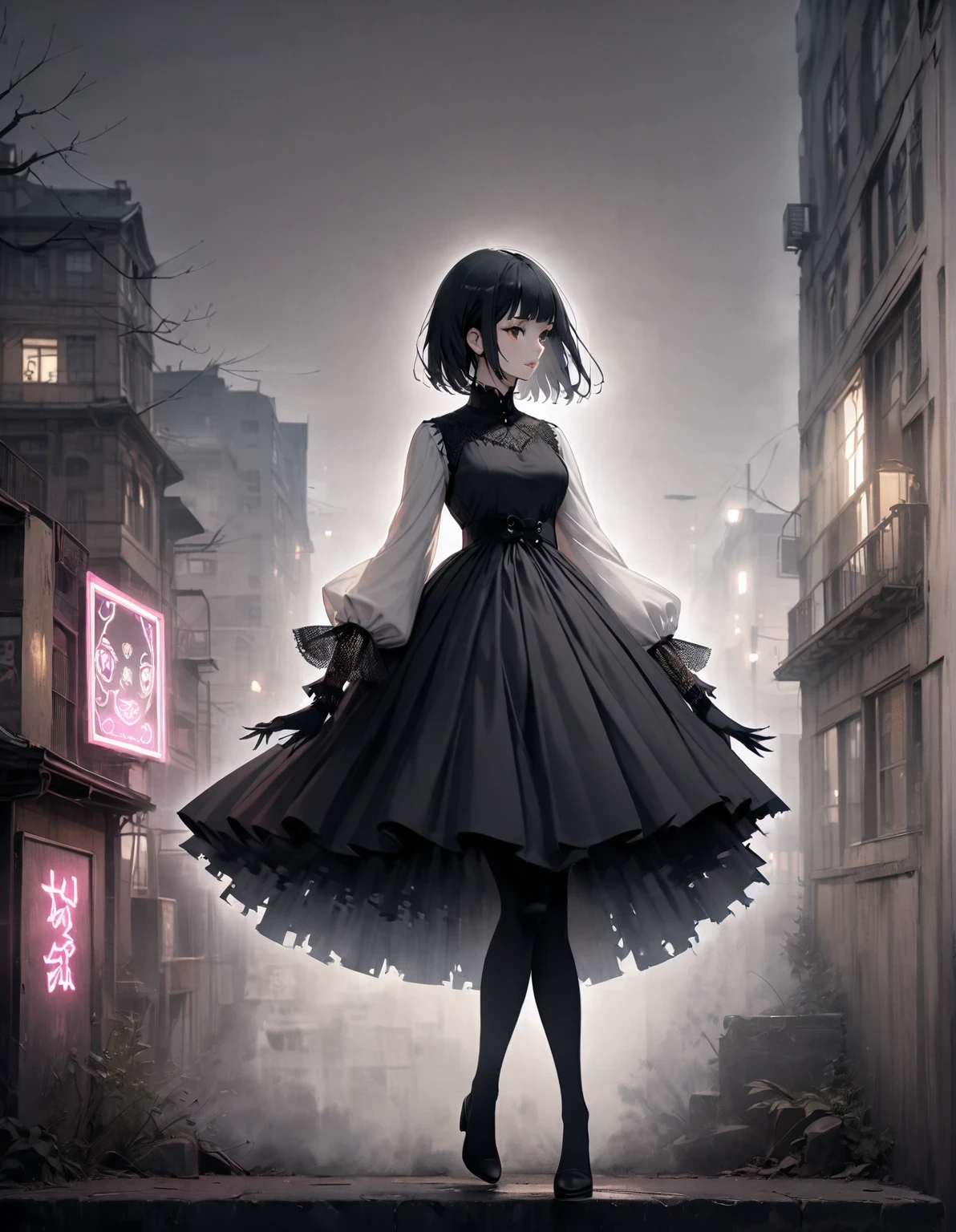 in style of Edward Bawden, ink art, side view,(better quality, outline:1.2),realist,illustrator,Japanese cartoons,1 girl, delicate lips, Preloaded Dress 8,custom, (Monochrome dark background),neon hair,Texture cutting, obra de until, Retro Style, Black Dark, until, outline book, (black bob hair:1.75 neon lights:1.32), bad woman , dark shadow