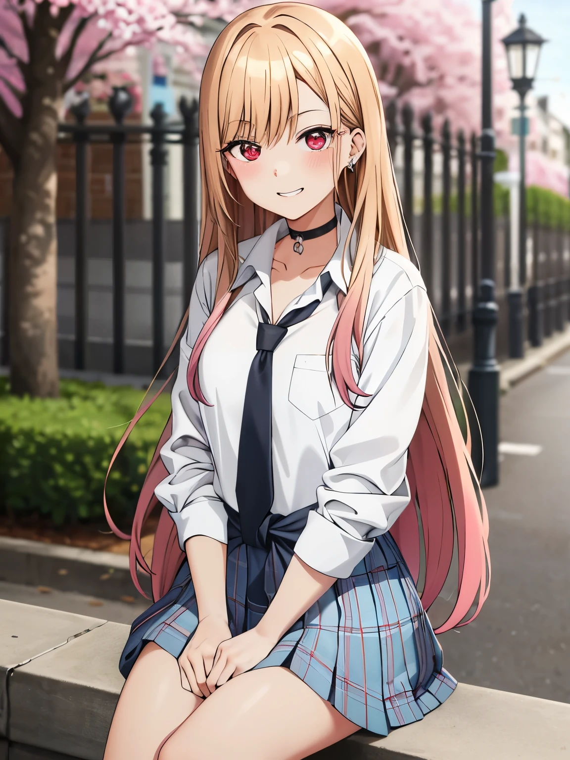 masterpiece, best quality, 1girl, long hair, bored, sitting, feet up, soles, forest bangs, black choker, black necktie, blonde hair, blue skirt, blush, bracelet, breasts, choker, clothes around waist, collarbone, collared shirt, cowboy shot, dress shirt, ear piercing, eyebrows visible through hair, gradient hair, grin, gyaru, jewelry, kogal, long hair, looking at viewer, loose necktie, necktie, piercing, plaid, plaid skirt, pleated skirt, red eyes, ring, , shirt, skirt, smile, solo, white shirt, street, sky, cherry blossoms, petals, pink hair，（bikini）, kitagawa marin, lighting like a movie、top-quality、1 High School Girl、A dark-haired、Walking through a residential area in Europe、Eyes from below、astonished face、Open your mouth wide、opens his eyes wide、(White panties)、lift up skirt、best quality,masterpiece,1girl,clothes lift,cute panties,street,lamppost,cloudy sky,