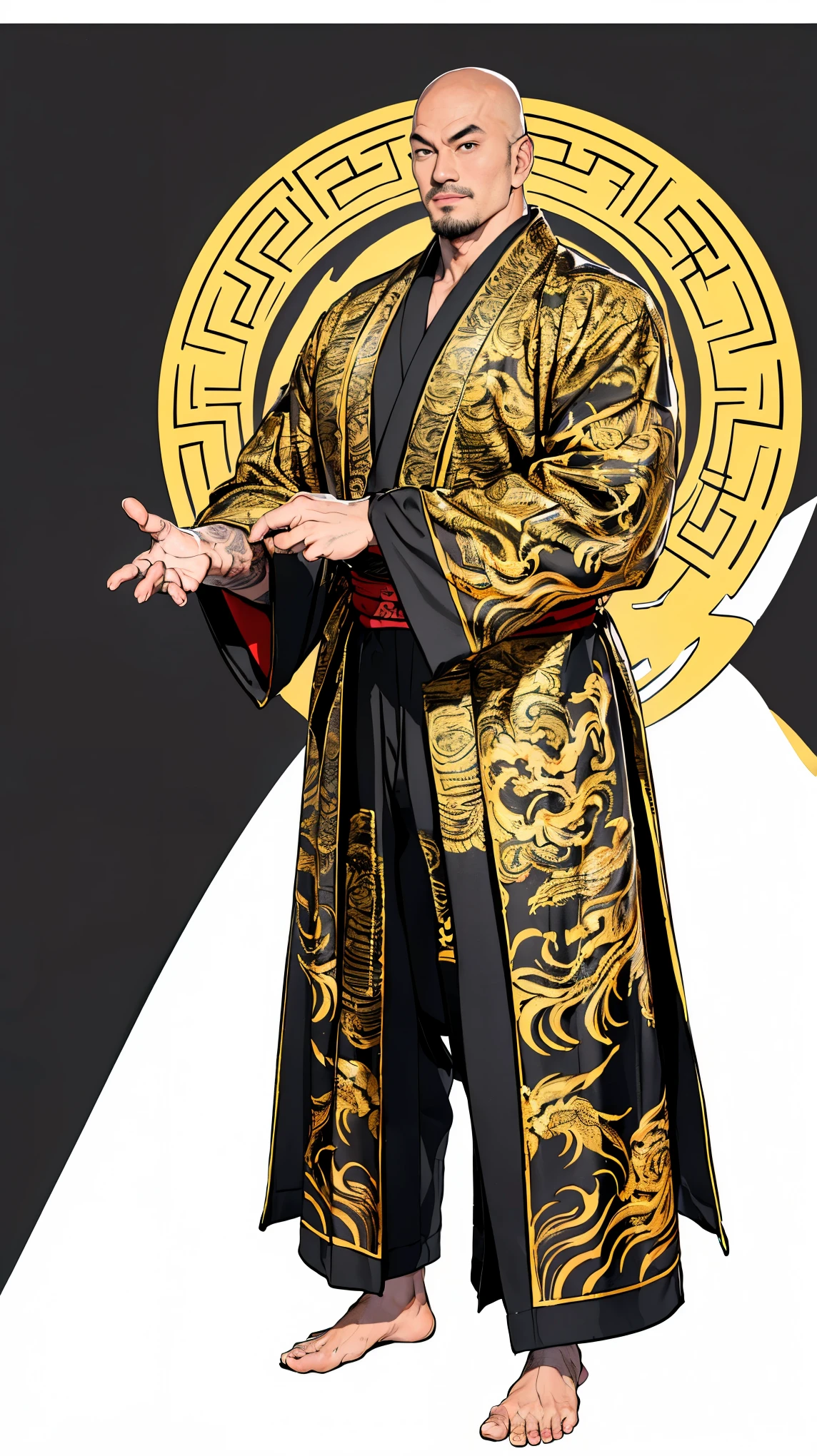 ((best quality,4k,highres,masterpiece:1.2)),((character concept art)), 1 male, asian, 30-year-old Yakuza member, bald head, showcasing Yakuza body tattoo, evil smile, large muscular body, lustful, ((intricate detail)), super finely detailed hands, ultra finely detailed fingers(((ten fingers))), wearing traditional Yakuza attire, (black silk Yukata with Gold Dragon pattern), (standing menacingly), (full body showcase), (show full body), (no logos on background), (no logo), ((plain background)), ((plain background)), (((empty background)))