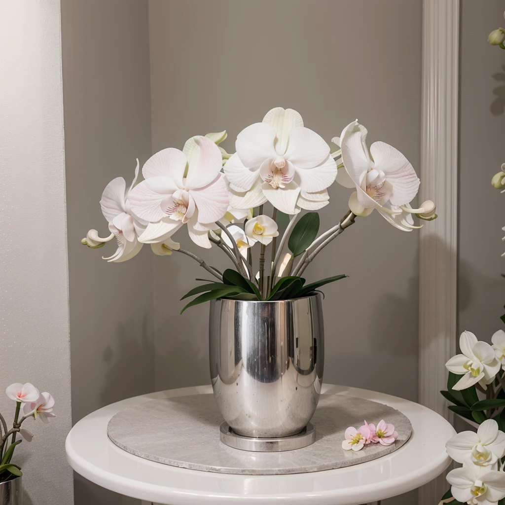 Arreglo de flores, with many white and pink orchids, en un florero plateado, en una habitacion elegante con luz blanca. 
