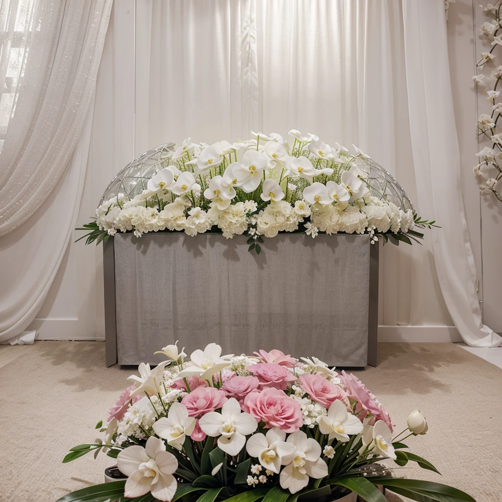 Arreglo de flores, with many white and pink orchids, en un florero plateado, en una habitacion elegante con luz blanca.