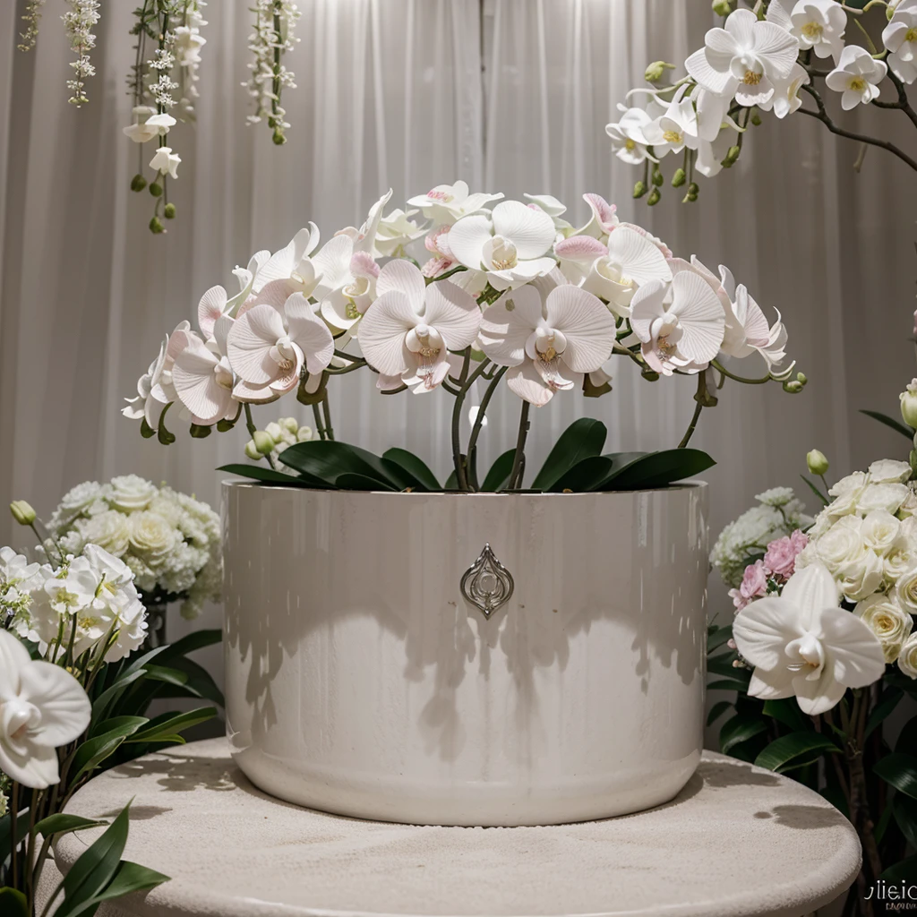 Arreglo de flores, with many white and pink orchids, en un florero plateado, en una habitacion elegante con luz blanca.