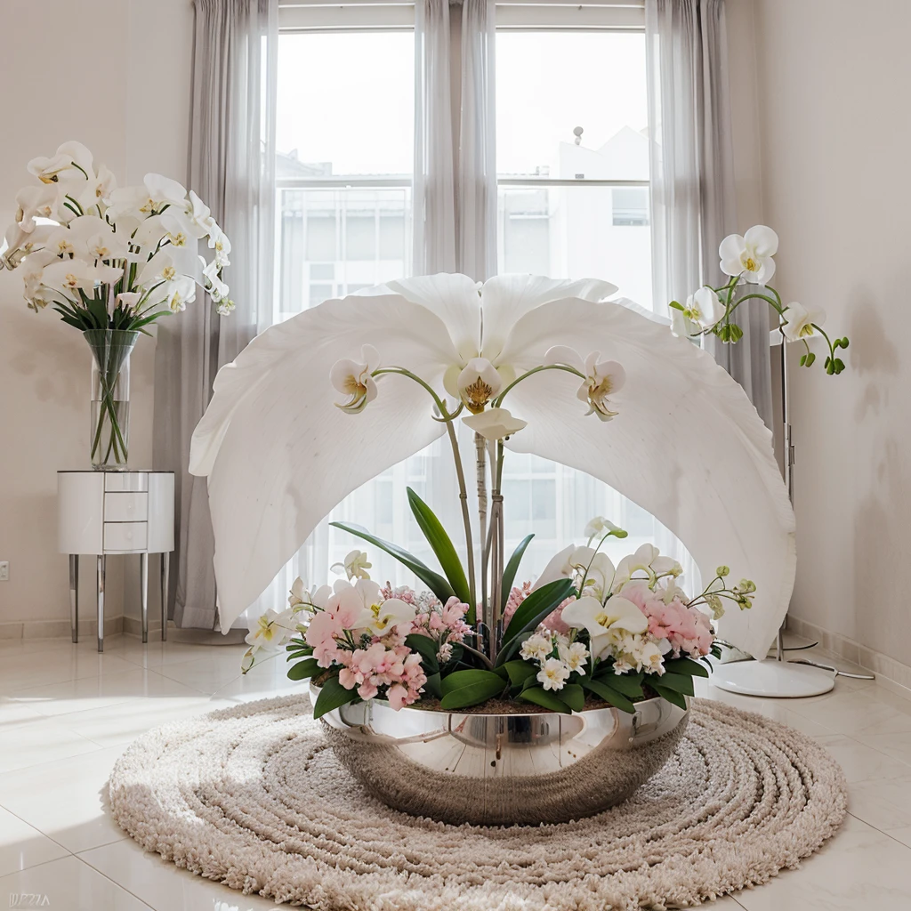 Arreglo de flores, with many white and pink orchids, en un florero plateado, en una habitacion elegante con luz blanca.