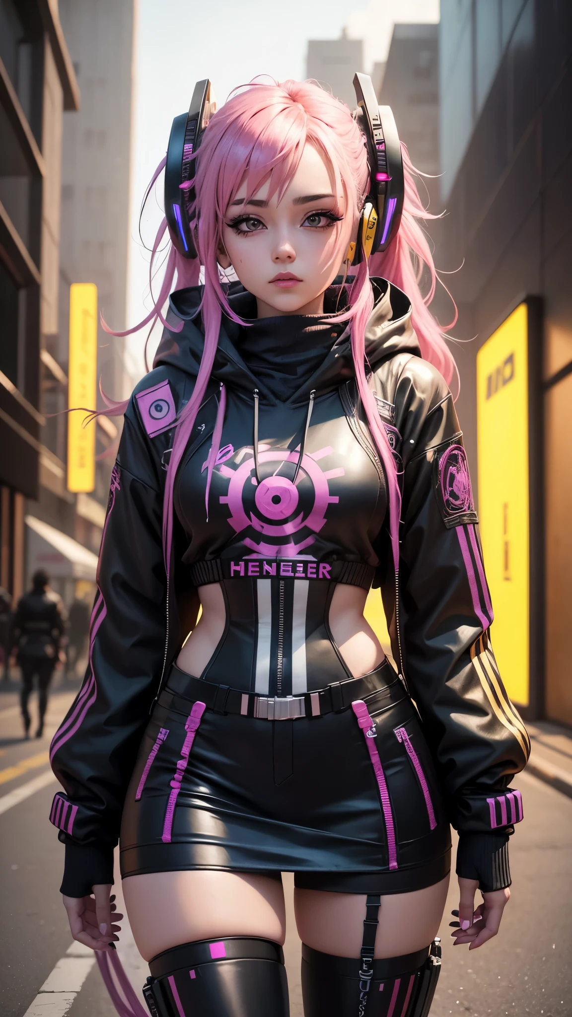una mujer con auriculares y cabello rosado con un traje amarillo, arte del anime ciberpunk, chica anime ciberpunk mecha, ciberpunk digital - arte anime, digital arte del anime ciberpunk, anime arte ciberpunk, chica anime ciberpunk, arte estilo cyberpunk, cyberpunk themed art, anime ciberpunk, vibraciones ciberpunk, robot ciberpunk, mujer chica anime ciberpunk, anime ciberpunk moderno, arte ciberpunk, arte ciberpunkstyle