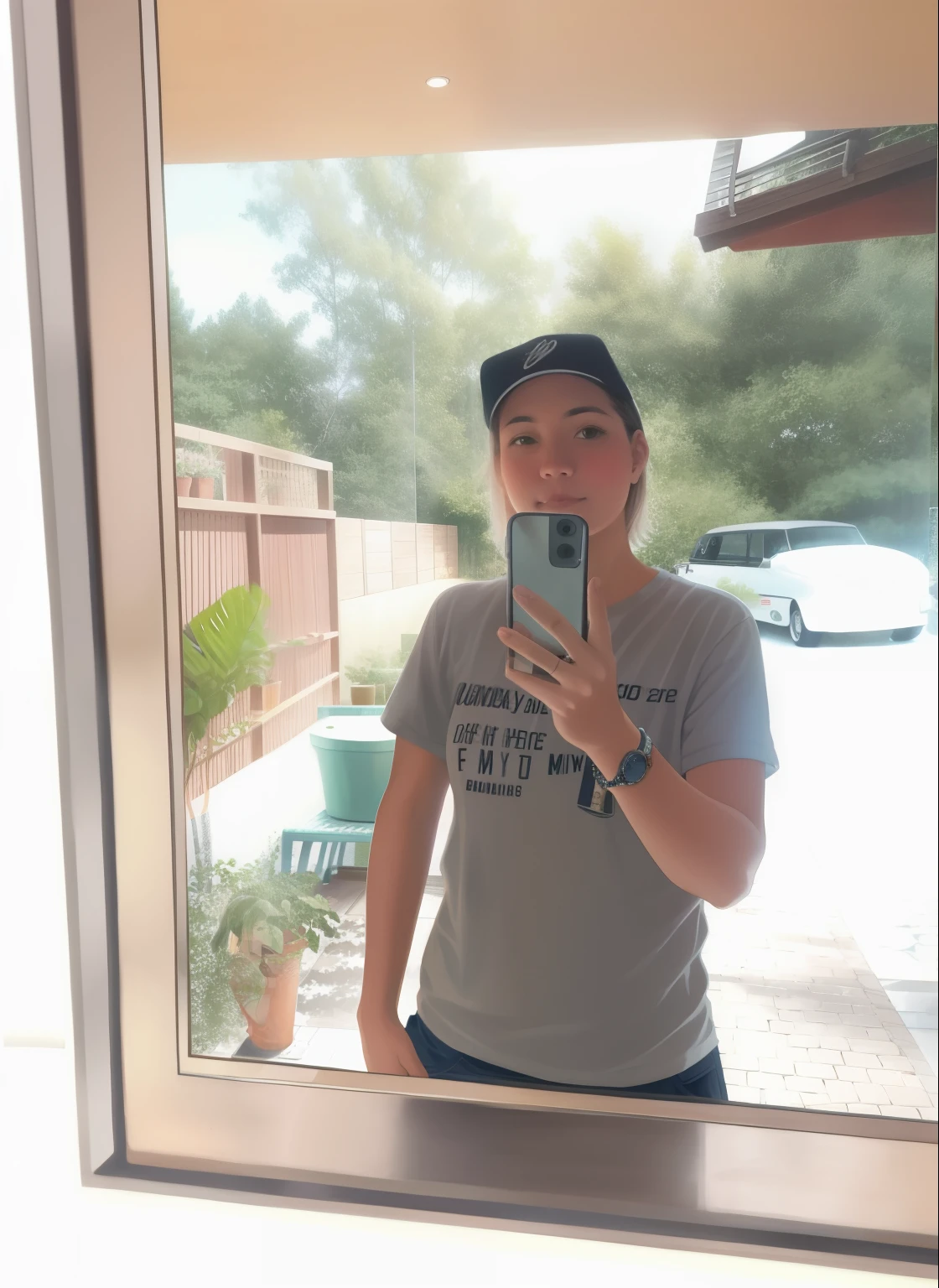 there is a boyish woman taking a picture of herself in the mirror, 2 7 years old