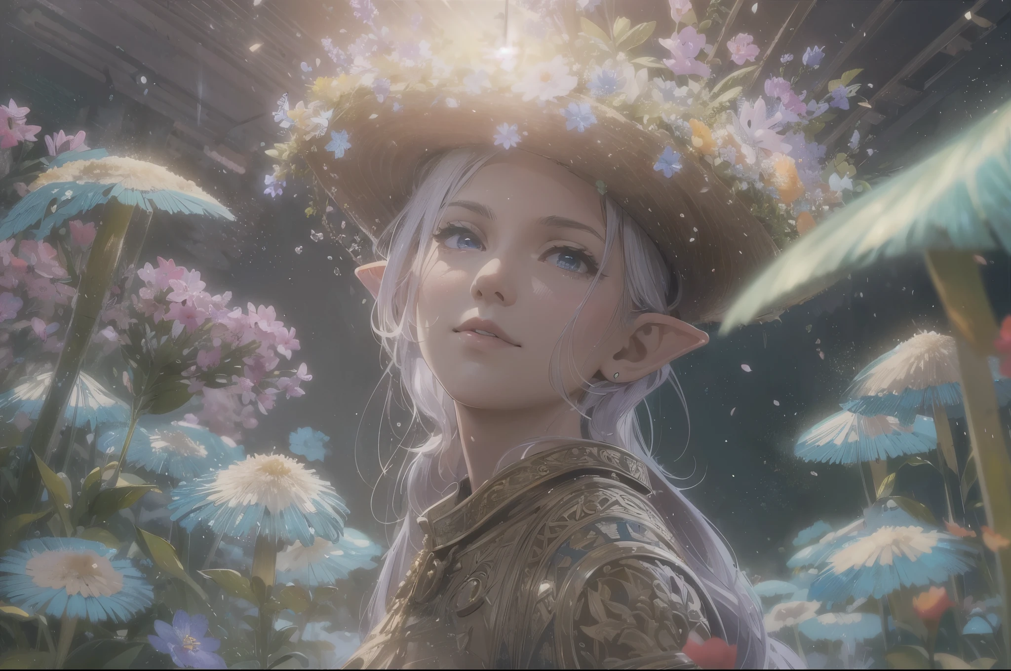 (best quality,4k,8k,highres,masterpiece:1.2),ultra-detailed,(realistic,photorealistic,photo-realistic:1.37),little elf,in a flower field,surrounded by fairies and points of light,flying petals, magical atmosphere,enchanting,mushrooms, vibrant colors,soft sunlight,glistening dewdrops.