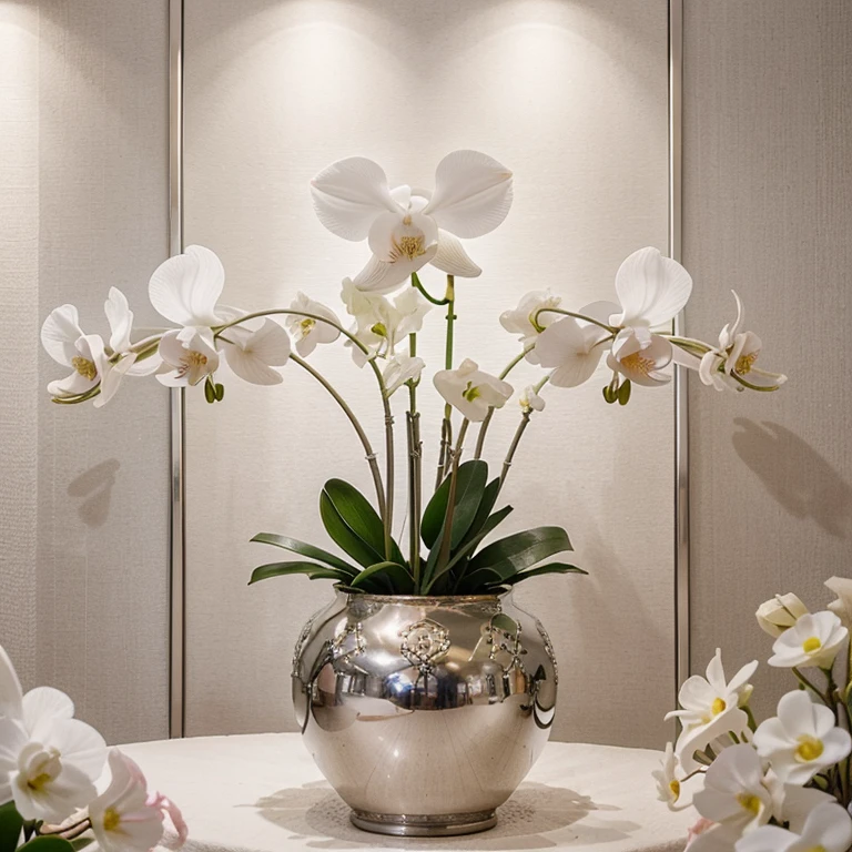 Arreglo de flores, with many white and pink orchids, en un florero plateado, en una habitacion elegante con luz blanca. 
