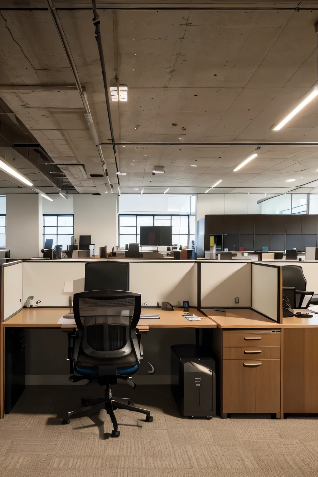 Realistic masterpiece, high resolution, side perspective of a large modern company office in light tones and vibrant color spots filled with computers and desks. Focusing on a computer and a table with a man sitting with his back clearly resembling office items such as computers, tables and chairs