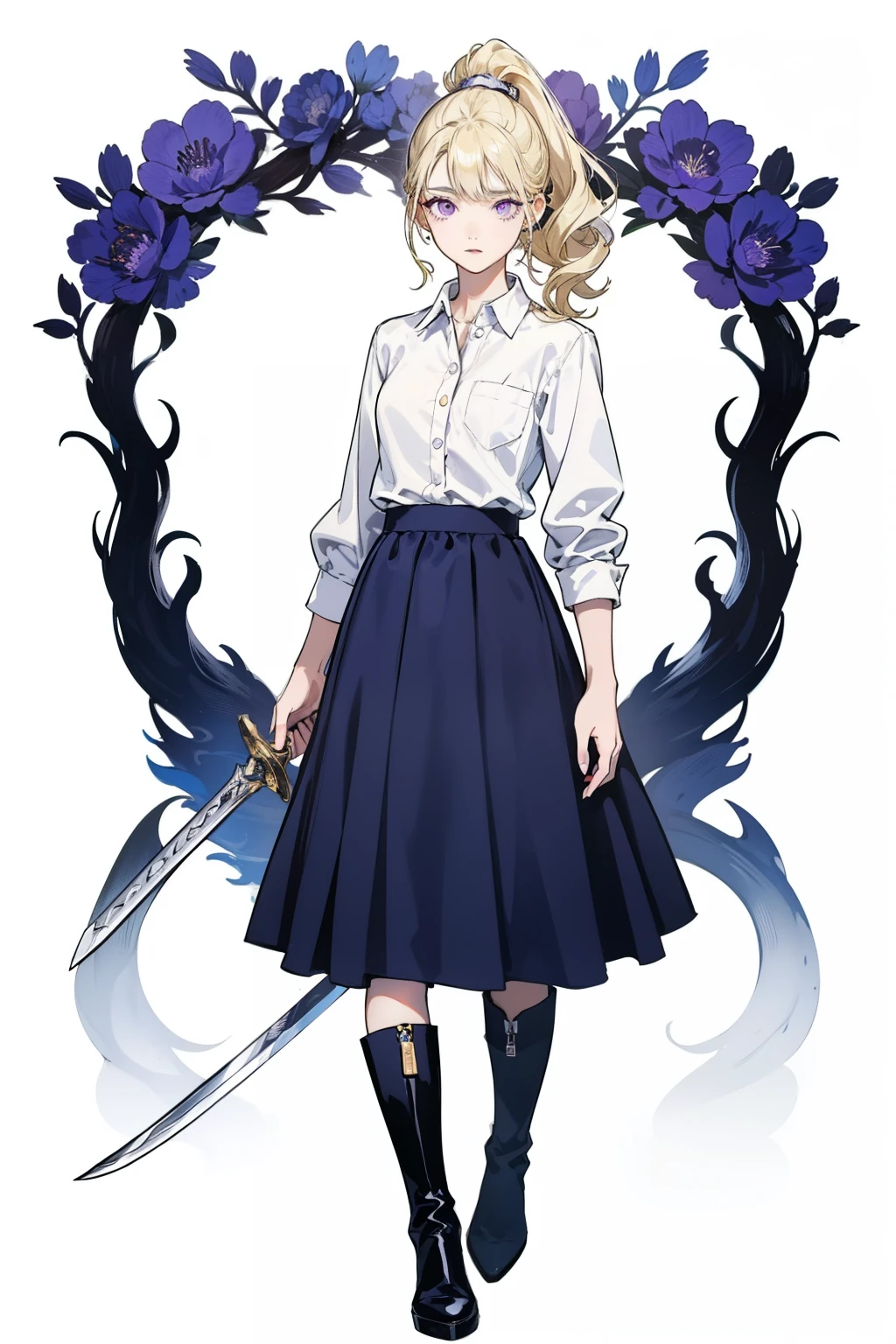 Seventeen-year-old girl,blonde hair curly hair,high ponytail,purple eyes,Top white shirt,Bottoms blue midi skirt,Silver boots,take sword,firm eyes,stand upright,front,whole body,no background