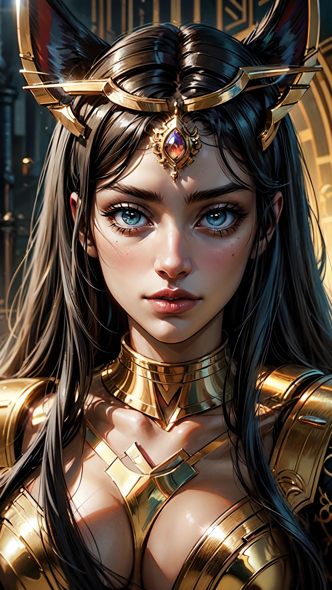((Highly accurate drawing in every detail)Extremely precise depiction)[High resolution],(detailed illustrations,Very fine and detailed drawing,Delicate drawn lines with tempo,Realistic texture expression),[color traced main line],[ruins background [Ancient Egypt]],HENTAI (ANIME Girl (beautiful) ) cyborg [(tanned skin) [Lustrous black hair]],((Bastet) Beautifully decorated golden cyber armor) ([Complex decorative processing] [elegant],Gorgeous golden luster (Polished reflective luster)) [Gorgeous and luxurious],gravure,[Oparts Lost Technology [Hierograph]],(intricate and beautiful decoration [Dense detail]),(Detailed and beautiful skin expression [transparency]),Precisely drawn eyes[perfect eyes detailed(Iris drawn in minute detail)(Beautiful eyes like jewels)],[eyes light[Pinpoint lighting for the eyes]],[long and beautiful eyelashes],[precisely drawn hair [Detailed beautiful and shiny hair]],(perfect hand detailed [Beautiful fingers that don&#39;t break [beautiful nails]]),(perfect anatomy(perfectly balanced proportions))[[full body portrait]],[[Design built to the highest level]][ideal color coordination(Accurate simulation of light and material interactions)],([Precision Detail](detailed,高fine)),[Visual art that tells a story],((highest quality)fine[[High density drawing]])(4K Quality)