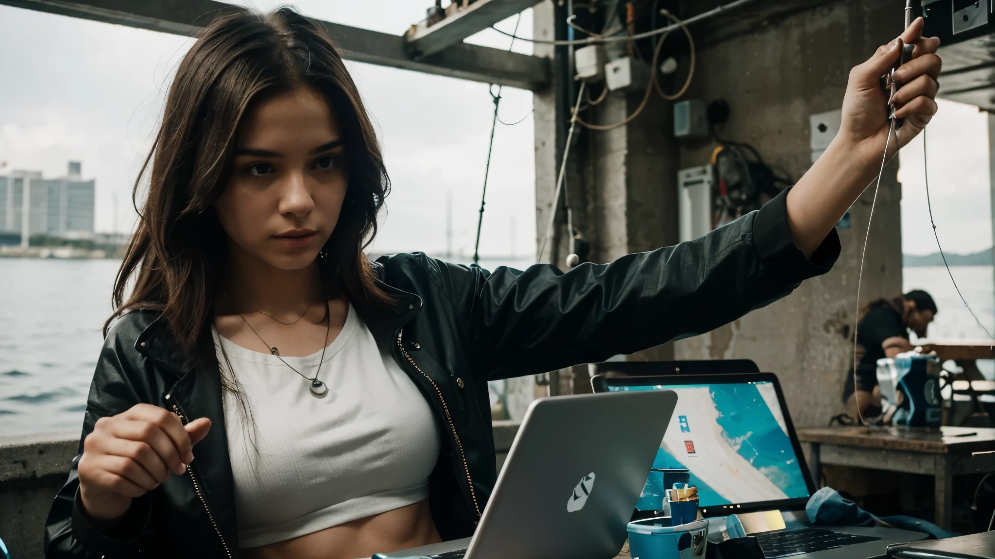 She is a hacker unlike any other, her unique style and approach to coding setting her apart from the rest. she is hooking, a fishing hook is in her hand, hooking laptops