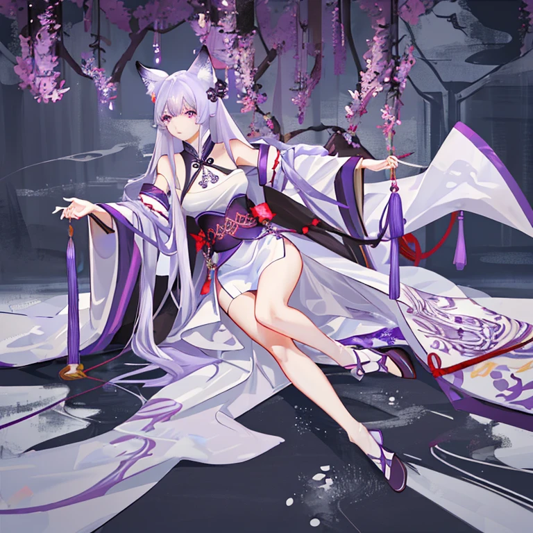 blonde、long hair、fox ears、purple eyes、Beauty、(White Chinese dress with open shoulders and exposed shoulders)、fantastic background、looking at the camera、white coat、whole body、
