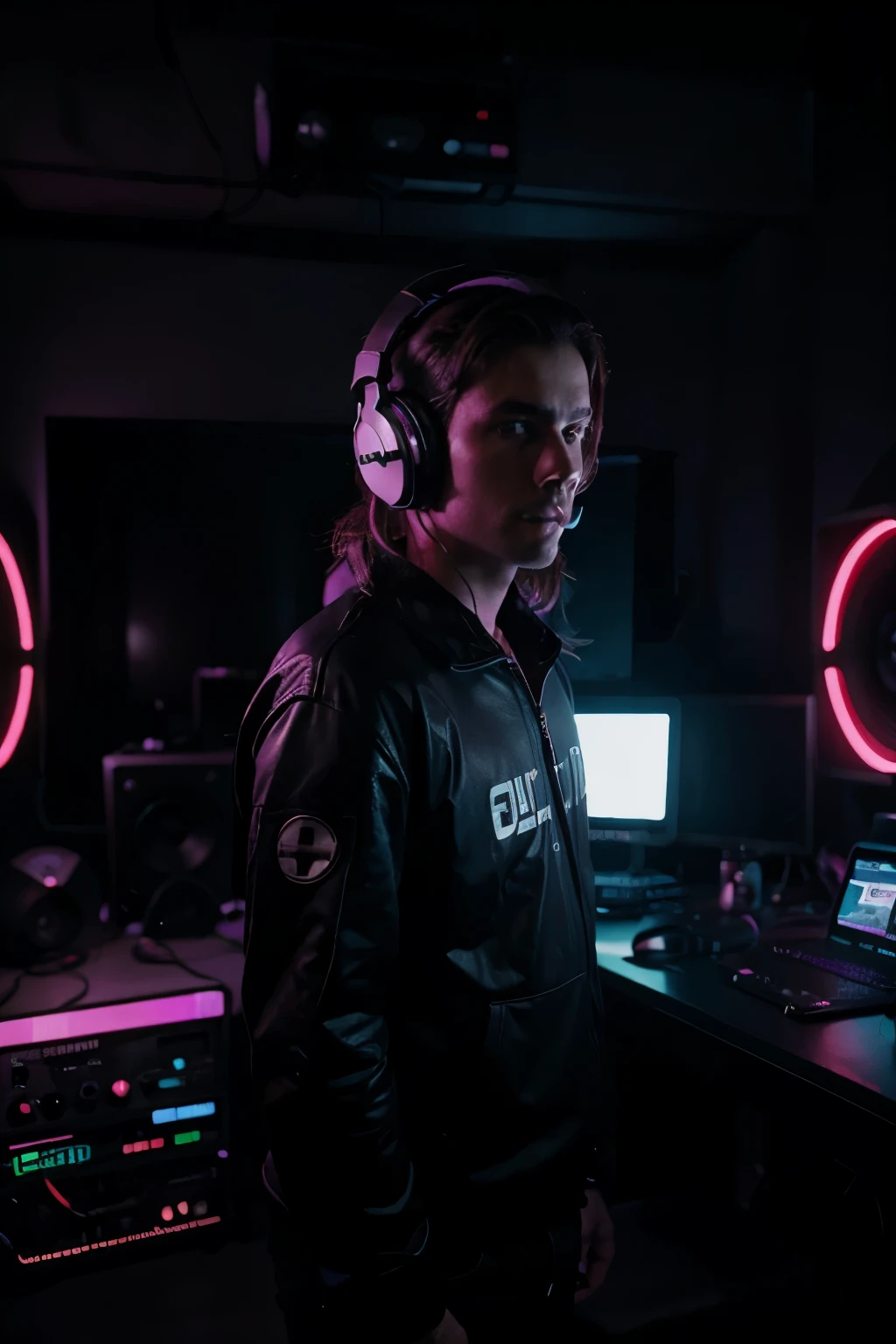 music producer in home studio, using headphones, dark background, neon colors
