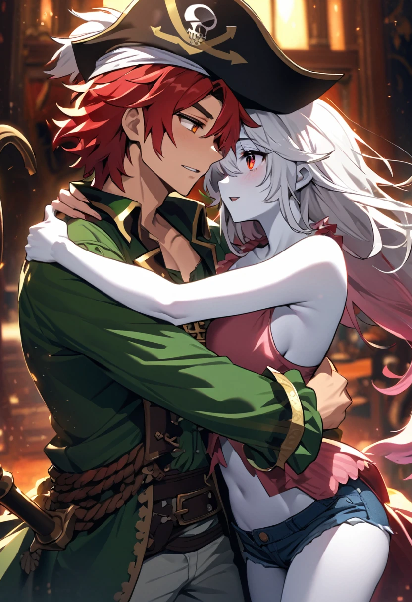 detailed 2d hd game style male character with long and big white hair with pink highlights, red eyes, wearing a pirate outfit and an anchor in his hand, next to a girl with a magic staff, green shirt, beautiful body, white skin, denim shorts, red hair and orange eyes, hugging each other looking at each other in love