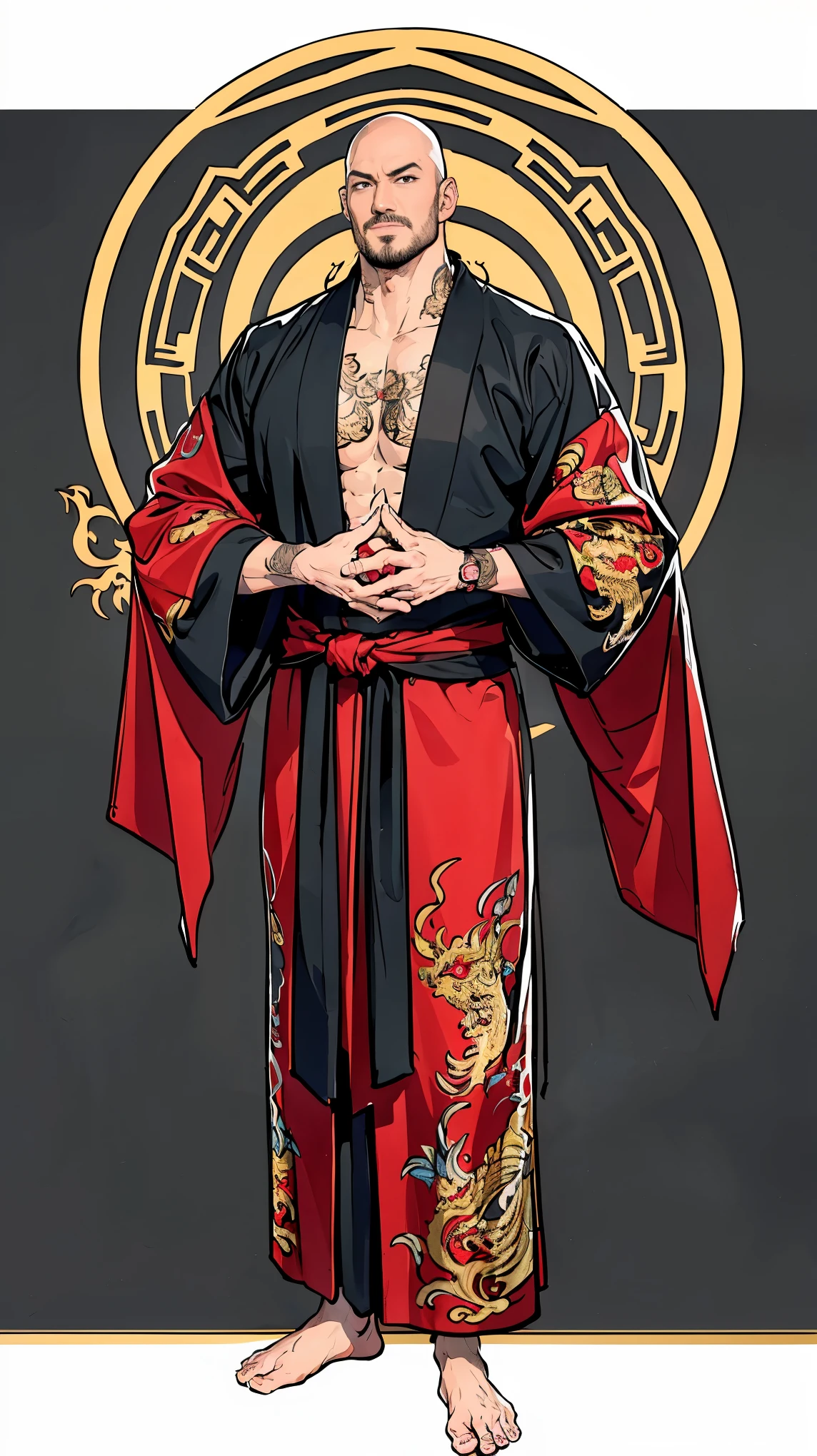 ((best quality,4k,highres,masterpiece:1.2)),((character concept art)), 1 male, 30-year-old Yakuza member, bald head, showcasing Yakuza body tattoo, evil smile, large muscular body, lustful, ((intricate detail)), super finely detailed hands, ultra finely detailed fingers(((ten fingers))), wearing traditional Yakuza attire, (black silk Yukata with Gold Dragon pattern), (standing menacingly), (full body showcase), (show full body), (no logos on background), (no logo), ((plain background)), ((plain background)), (((empty background)))