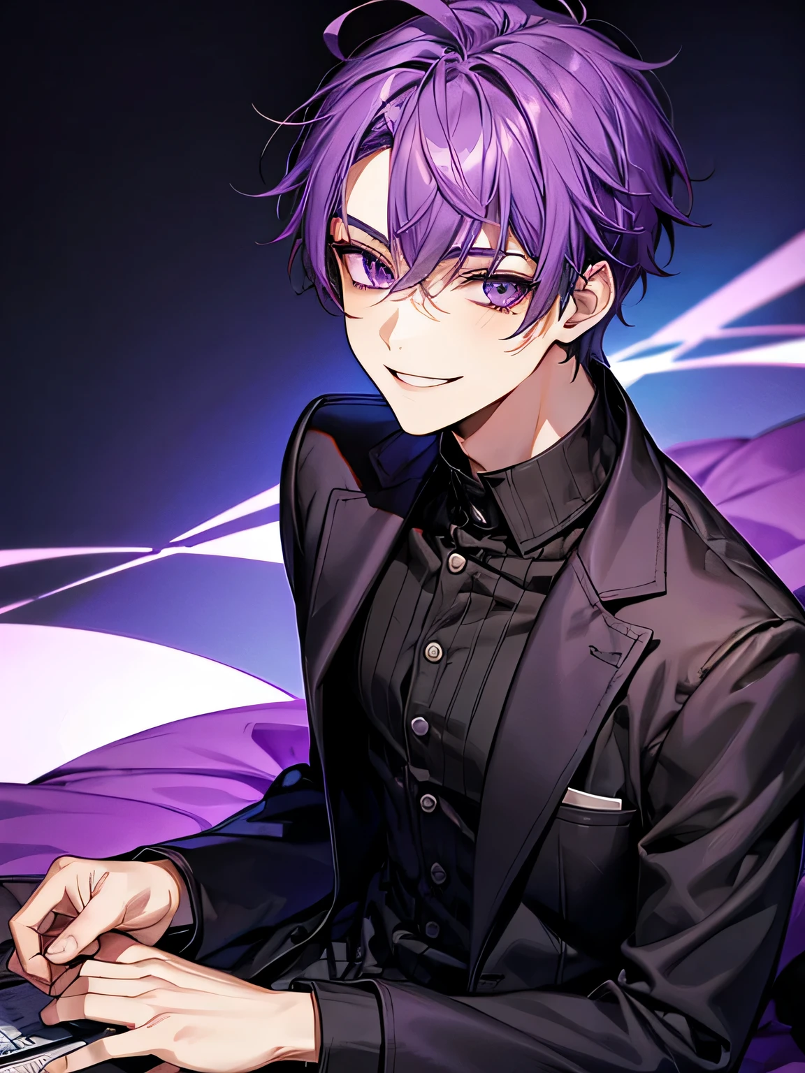 Purple hair, mysterious, cool, male short hair, young teenager, smiling, academy