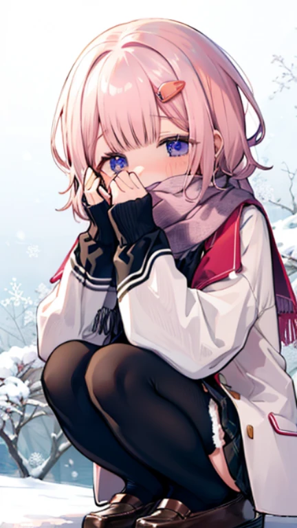 、peeping、A sneak peek、shyness、blush、embarrassing、blush、peek、Show your face、shyness笑い、hide、Crouching、顔をScarfで隠す、Warm appearance、wear a coat、snow原、snow像、snow、cold、Scarf、Scarfを巻く、降snow