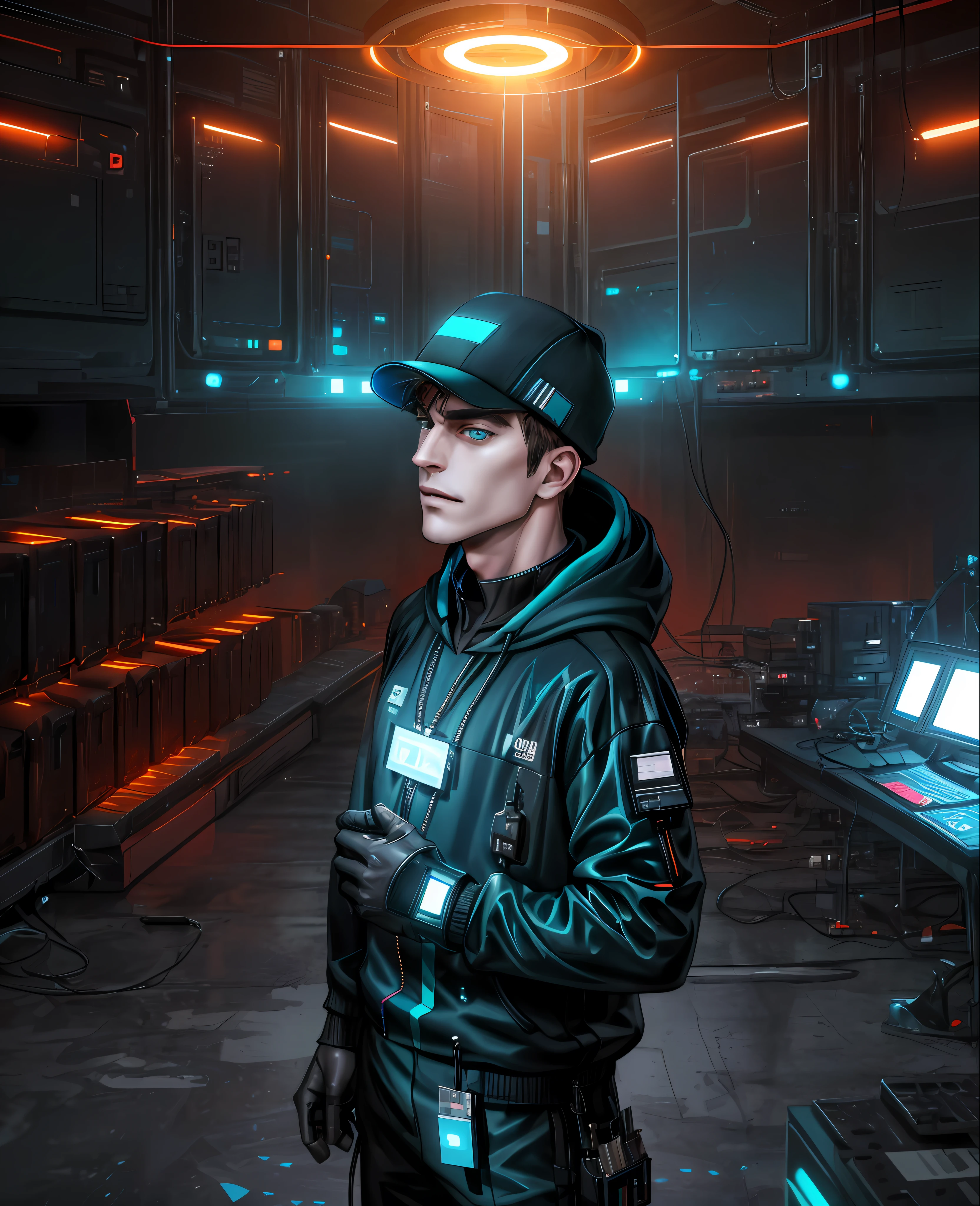 (Absurdres, Intricate Details, Masterpiece, Best Quality, High Resolution, 8k), 1 male, swedish, mature, aged up, handsome, finely detailed eyes and face, brown quiff hair, teal eyes, looking at viewer, solo, (full body:0.6), detailed background, detailed face, (CircuitBoardAI, electronic theme:1.1) evil high-tech futuristic hacker, smirk, advanced technology, hoodie, techwear, keycard, cables, (holographic display:1.05), error message, computer, password, server room in background, orange lights, cyber-warfare, dark sinister atmosphere, Depth of Field, VFX.