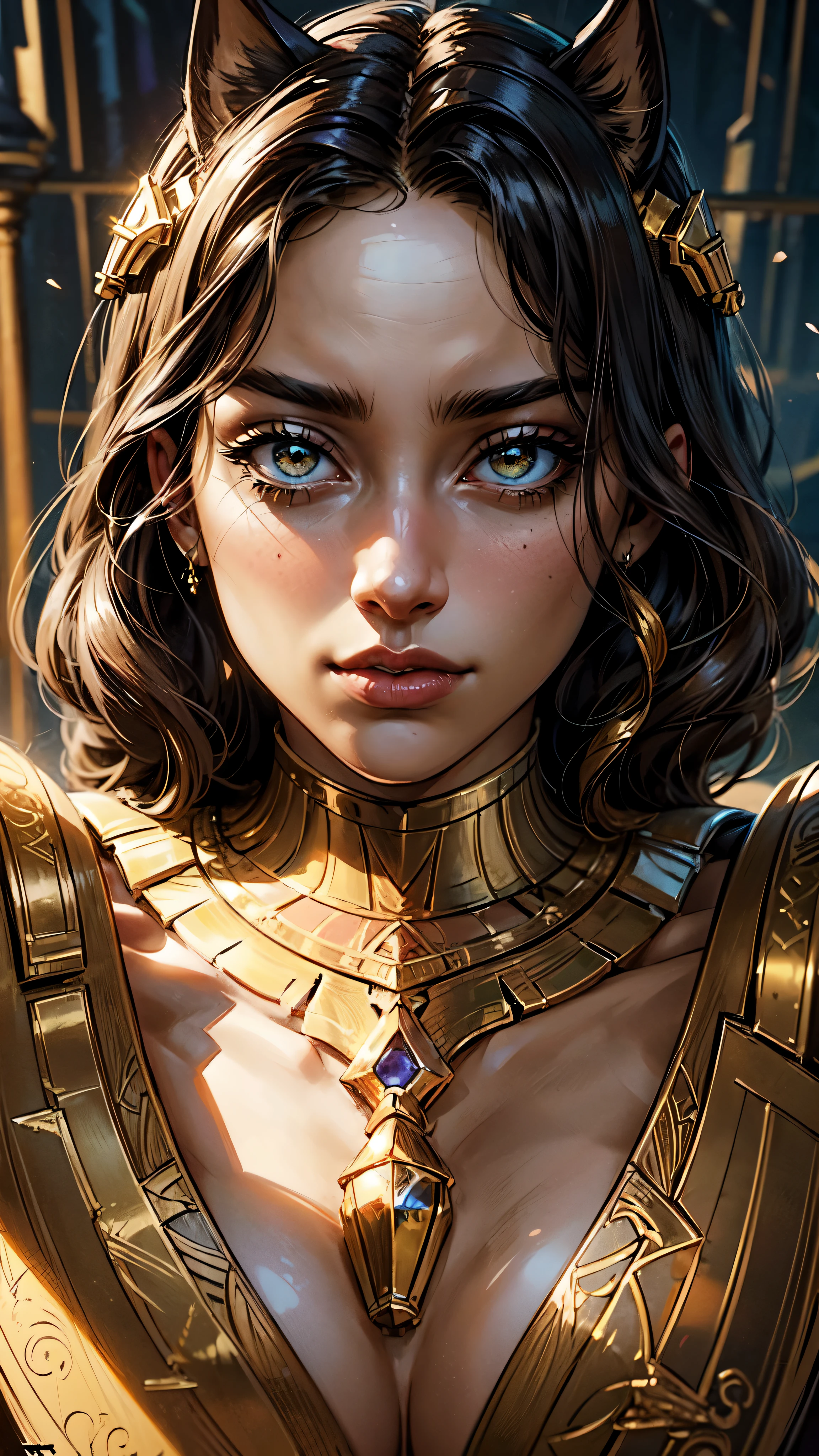 ((Highly accurate drawing in every detail)Extremely precise depiction)[High resolution],(detailed illustrations,Very fine and detailed drawing,Delicate drawn lines with tempo,Realistic texture expression),[color traced main line],[ruins background [Ancient Egypt]],HENTAI (ANIME Girl (beautiful) ) cyborg [(tanned skin) [Lustrous black hair]],((Bastet) Beautifully decorated golden cyber armor) ([Complex decorative processing] [elegant],Gorgeous golden luster (Polished reflective luster)) [Gorgeous and luxurious],gravure,[Oparts Lost Technology [Hierograph]],(intricate and beautiful decoration [Dense detail]),(Detailed and beautiful skin expression [transparency]),Precisely drawn eyes[perfect eyes detailed(Iris drawn in minute detail)(Beautiful eyes like jewels)],[eyes light[Pinpoint lighting for the eyes]],[long and beautiful eyelashes],[precisely drawn hair [Detailed beautiful and shiny hair]],(perfect hand detailed [Beautiful fingers that don&#39;t break [beautiful nails]]),(perfect anatomy(perfectly balanced proportions))[[full body portrait]],[[Design built to the highest level]][ideal color coordination(Accurate simulation of light and material interactions)],([Precision Detail](detailed,高fine)),[Visual art that tells a story],((highest quality)fine[[High density drawing]])(4K Quality)