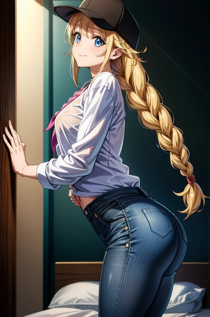 tween, 1girl, solo, bedroom, straight hair, camouflage top, jeans, open blouse, small breasts, see-through, smiling, looking to viewer, from side, bending over, belly,Mia FE,kafka(hsr),eiko tsukimi, blonde hair, blue eyes, braid, twin braids, long hair, baseball cap, multicolored jacket, (((white shirt))), shorts, , (pantyhose)