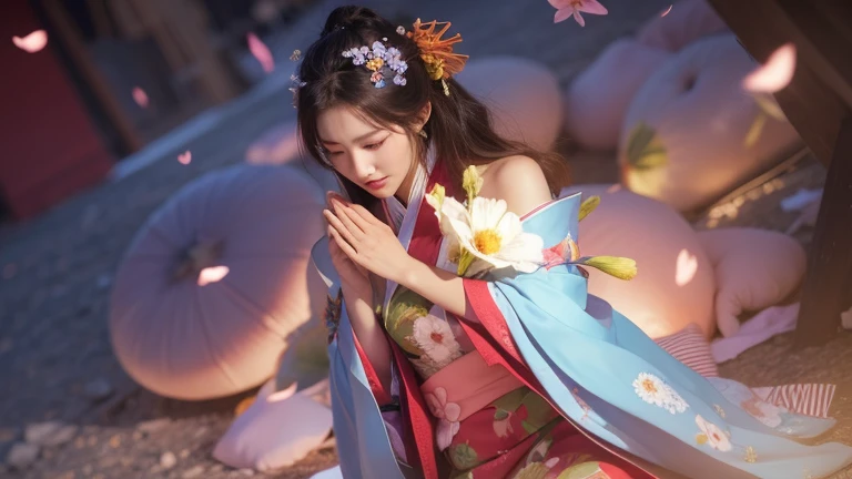 a woman in a kimono outfit holding a flower in her hands, inspired by Lan Ying,realistic