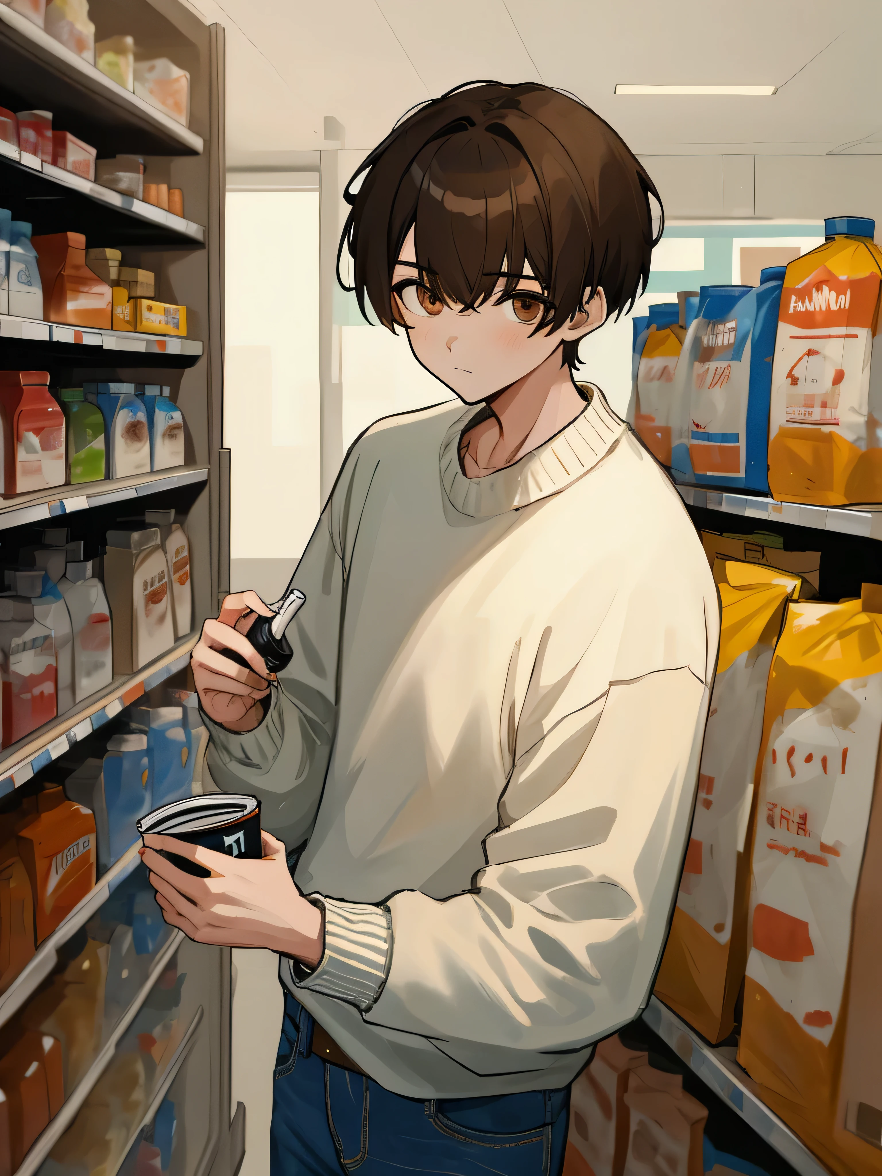 (masterpiece, best quality, absurdres, very detailed eyes), 1boy, solo, solofocus, brown hair, short hair, brown eyes, bangs, closeup, teenager, cyberpunk, white sweater, plaid flannel, jeans, convenience store, item shelves, item boxes, drink bottles, short hair