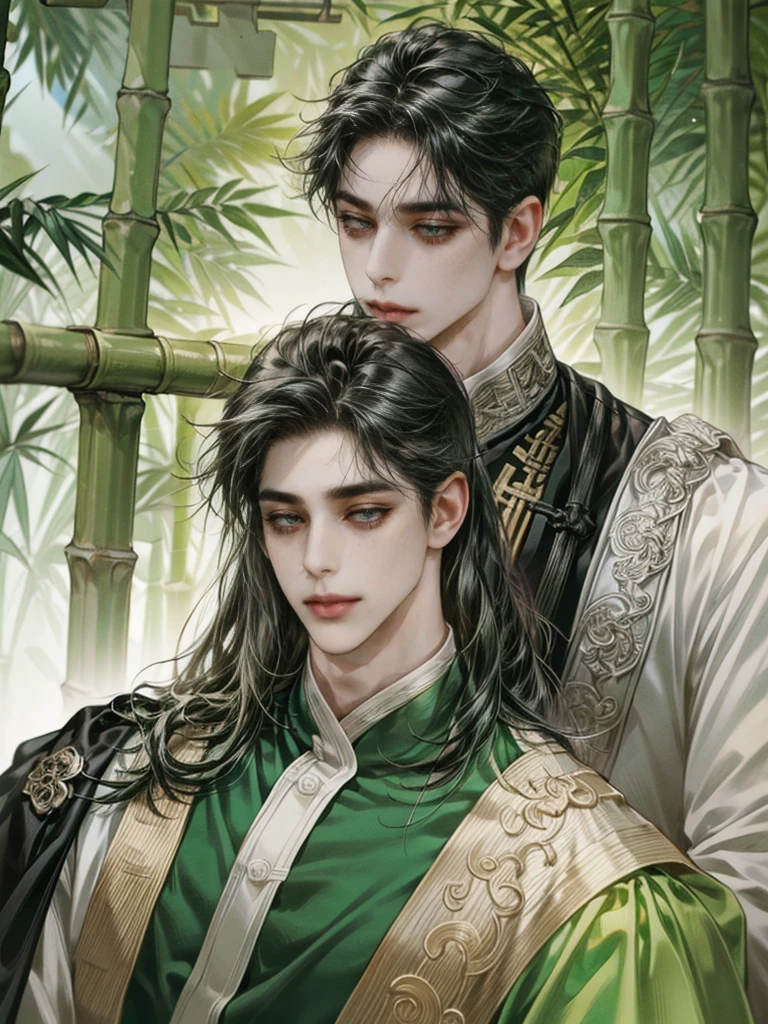 beautiful youth, a bright smile,All green clothing,(absurdres, highres, ultra detailed, HDR), masterpiece, best quality, 1 boy , boy character ,((Thick ,black, long hair)),beautiful face,detailed interior, detailed character,((man)),(male in bamboo forest), black hair,he smile,1man,the house of ancient China, beautiful man with long black hair and black eyes,((solo man)),long hair,((he has a Big eyes, charming lips, slim nose and small face)),he has a slander shape,thin body,position,ponytied it with accessories,(Men with small, narrow shoulders),