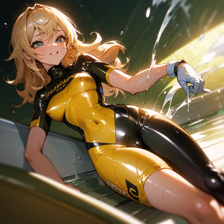 High resolution, beautiful women, tanned gyaru, cream hair, high detail, good lighting, despicable, erotic anime, (((Shiny wet spandex short sleeve cycling suit))), ((wet clothes)), ((soaking wet)), ((wet look)), Top and bottom separate clothing design、It's a bellybutton、The navel is visible、(naked thighs), (puddle), (thick thighs), nice long legs, detailed face, cute face, fascinating face, Excited, 性的にExcited, ((Bathing in water))