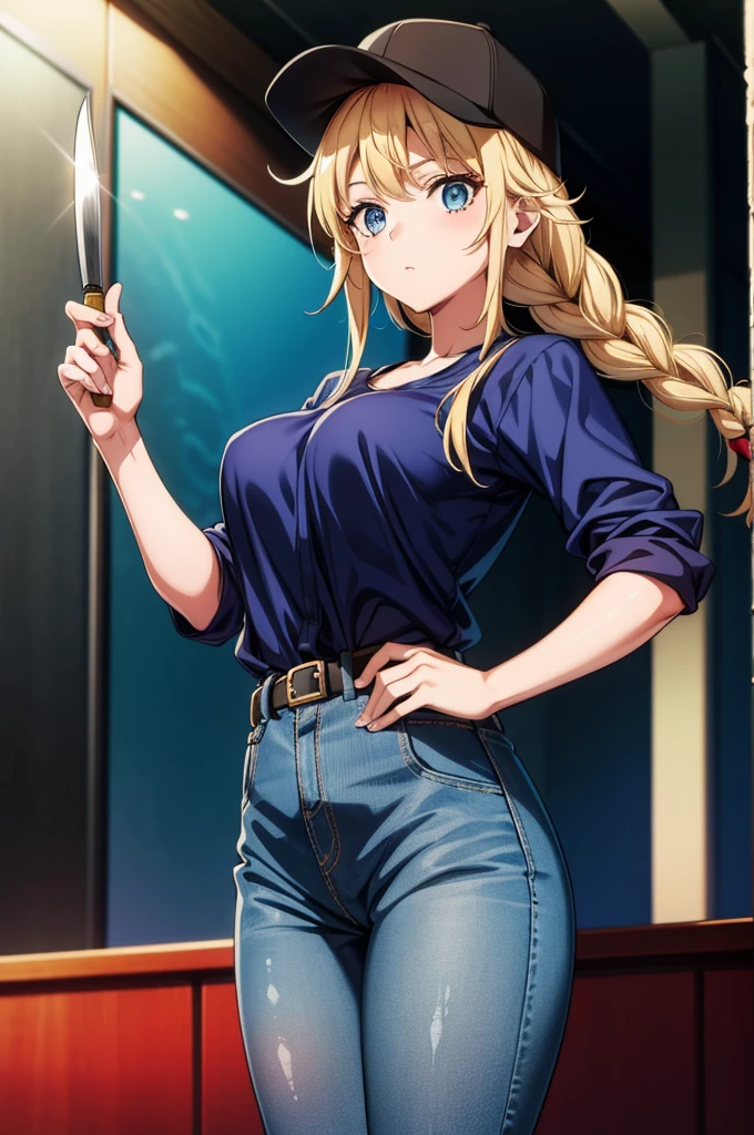 a cartoon cartoon with a hat and jeans is standing with a knife on her belt, 1girl, solo, hat, braid, twin braids, blue eyes, breasts, blonde hair, shirt, long hair, large breasts, blue shirt, jacket, shirt tucked in, looking at viewer, baseball cap