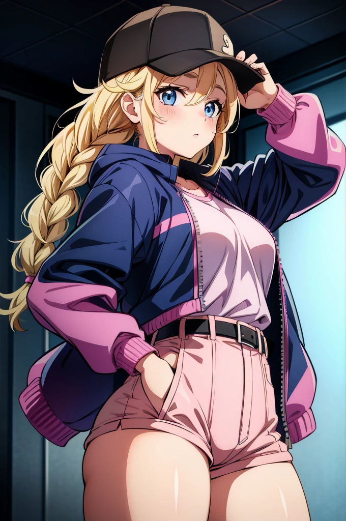 a picture of an image of a female cartoon holding a cell phone, 1girl, solo, twin braids, hat, braid, blonde hair, blue eyes, breasts, black headwear, shirt, long hair, looking at viewer, baseball cap, jacket, blush, pink jacket, holding, long sleeves, belt