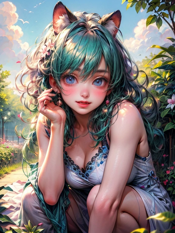 (best quality,realistic,8K,high resolution),(cute,sexy:wild cat),(beautiful detailed eyes,beautiful detailed lips),longeyelashes],female,cute,beautiful,attractive,girl,,innocent,charming,adorable,playful,happy,joyful,sweet),(anime,illustration),(colorful,vibrant),(natural,sunlight),(lush green garden,flowers,butterflies),(clear blue sky,white clouds),(playful pose,curly hair),(summer dress),(bright,cheerful),(crouching,smiling),(serene,peaceful),(sparkling eyes)