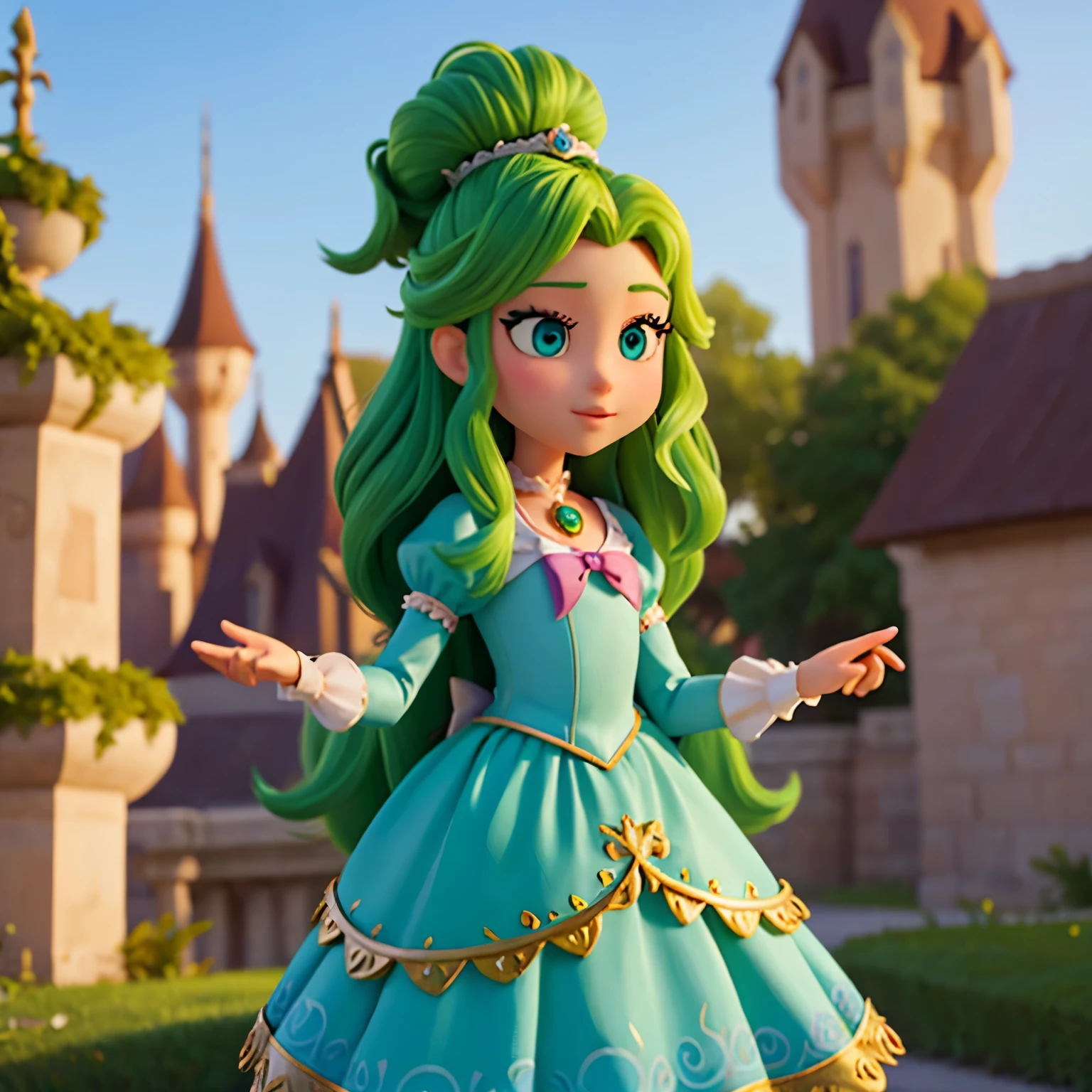Princesse disney comme raiponse. Avec cheveux marons, yeux vert, visage long