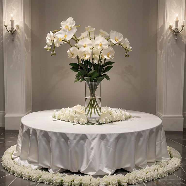 Arreglo de flores, with many white orchids and white roses, the roses under the orchids, en un gran florero plateado, en una habitacion elegante con luz blanca, 8k. 