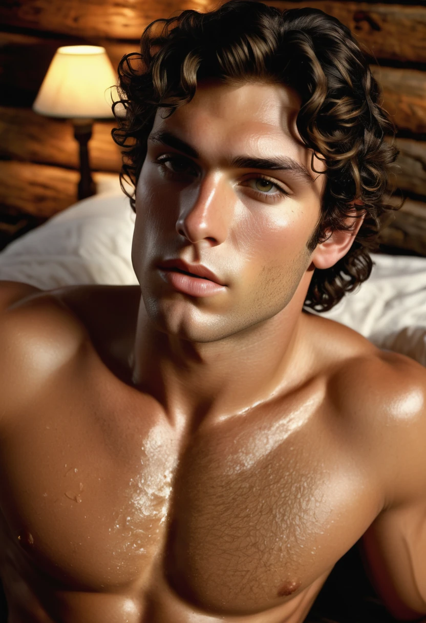 (highly detailed, detailed skin, detailed face, soft light, photorealistic, dynamic light; cinematic); victorian era; 1820s; 24 years old man; Greek; 1820s Anglican priest; incredibly attractive; dark and brooding; masculine yet beautiful; hazel-green eyes; helpless longing stare; intimate sexually-charged atmosphere; Adonis; moody; intense; hooked Greek nose; sensual; amorous air; very attractive; toned figure; olive skin, flushed in excitement; stubble; hazel-green eyes; thick strong dark-brown eyebrows; long full sideburns; fully naked toned chest with dark body-hair; dark chest-hair; short tousled dark-brown wavy hair; full luscious moist lips, parted; mouth slightly open; laying on an 1820s bed in a rustic 1820s log cabin; laying in a sexual inviting pose, asking for sex; hazel-green eyes; looking at camera